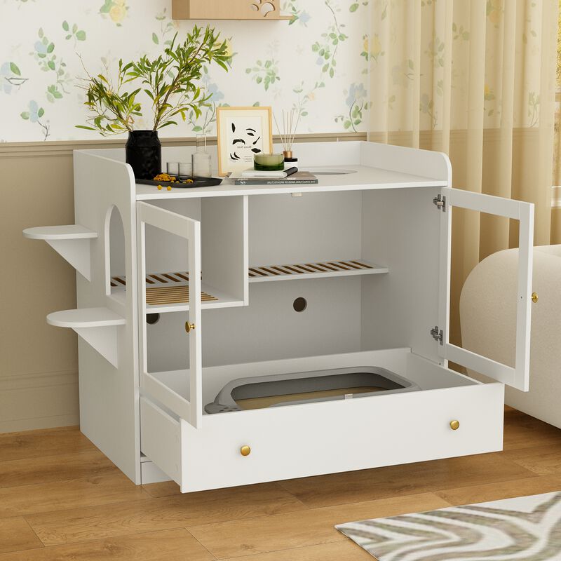 Extra Large Cat Litter Box Furniture Hidden, Cat Condo Pet House with Stairs, Cat Litter House for Living Room, White image number 3