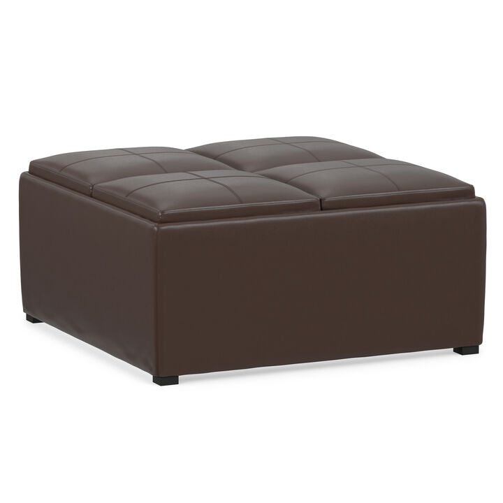 Avalon 35 inch Wide Contemporary Square Coffee Table Storage Ottoman in Chocolate Brown Vegan Faux Leather, Assembled