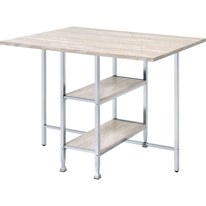 Counter Height Table with 2 Shelves, Antique White and Chrome-Benzara
