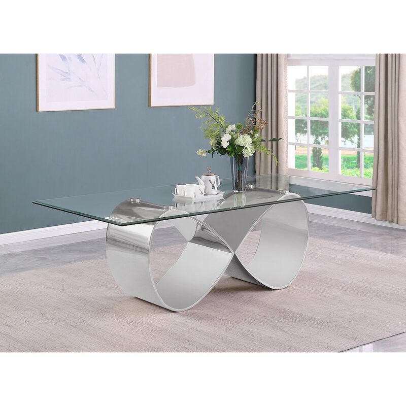 Best Quality Furniture 94X46 Tempered Glass Dining Table With An Infinity Silver Stainless Steel Base