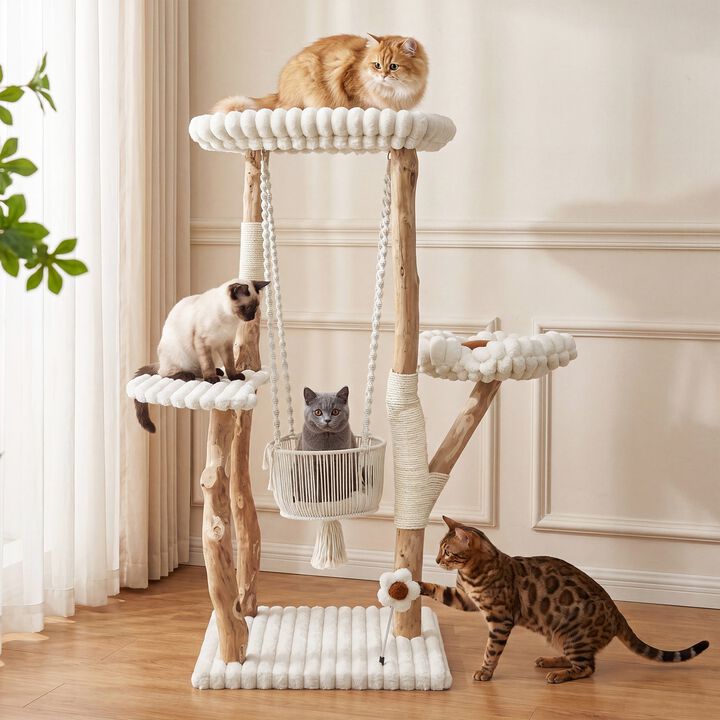 Modern Solid Wood Cat Tree with Swinging Basket for Indoor Cats