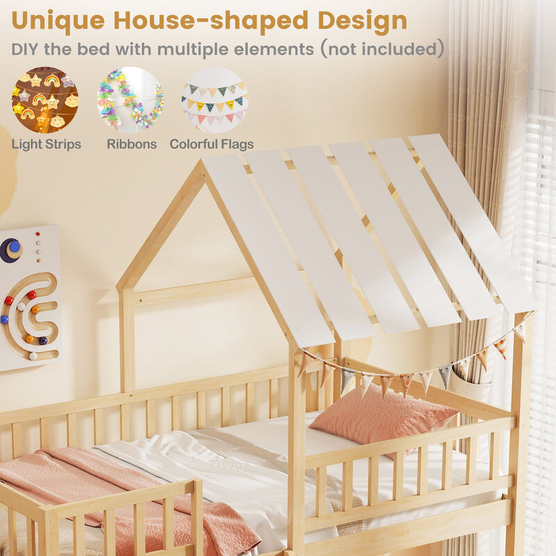 Kids Twin Over Twin House Bunk Bed with Roof & Safety Guardrails-Natural image number 5