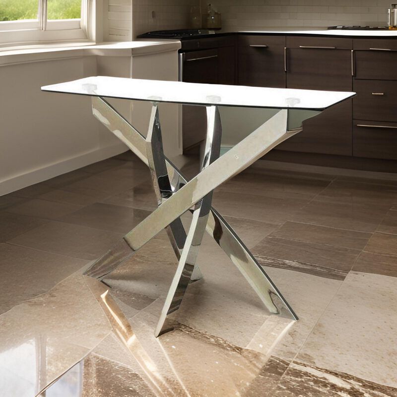 Rectangular Glass Top Sofa Table with Criss Cross Base, Silver and Clear