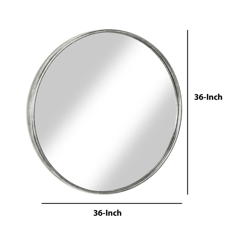 Contemporary Style Round Metal Framed Wall Mirror, Large, Antique Silver-Benzara