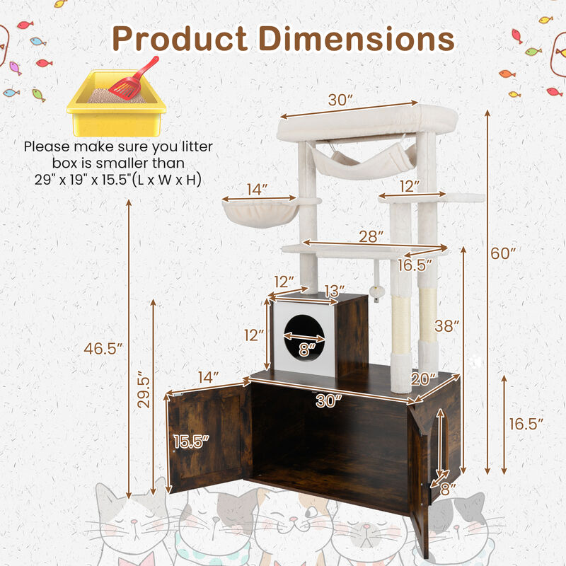 Cat Tree with Litter Box Enclosure for Indoor Cats and Resting Areas-Rustic Brown image number 2