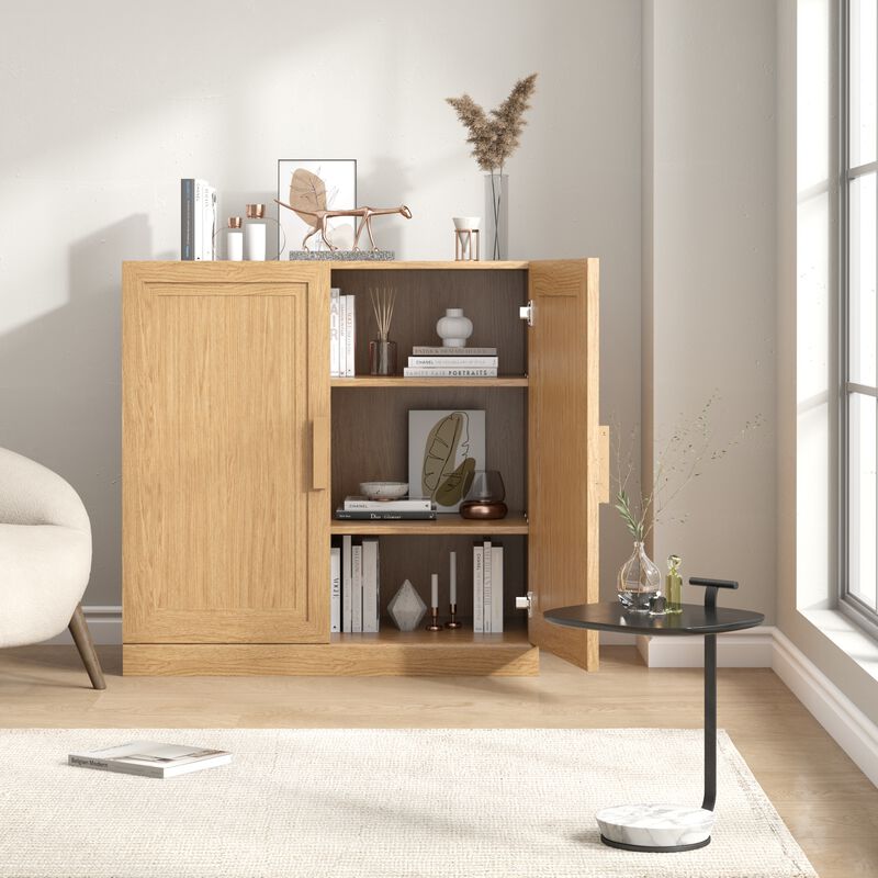 Wood Accent Cabinet, Storage Organizer with Adjustable Shelves and Glass Doors image number 1