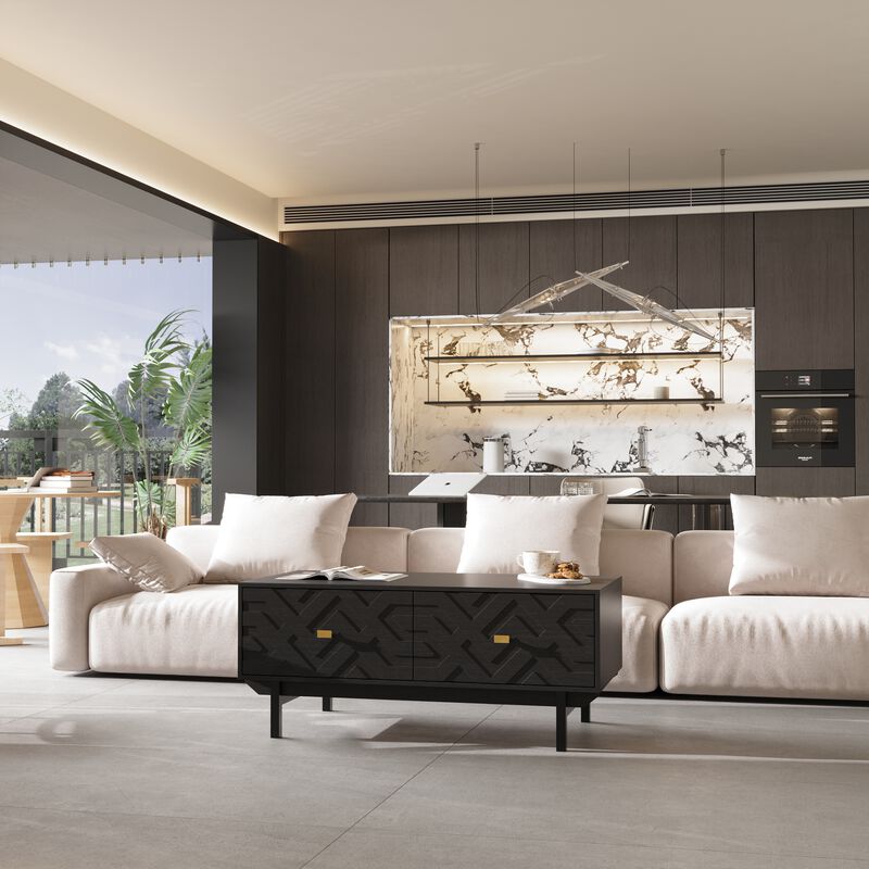 FUFU&GAGA Black Modern Coffee Table with 4-Drawer Storage, Wood Grain Top, 3D Textured Drawers, Gold Tapered Pulls (47.2" W x 23.6" D x 20.5" H)