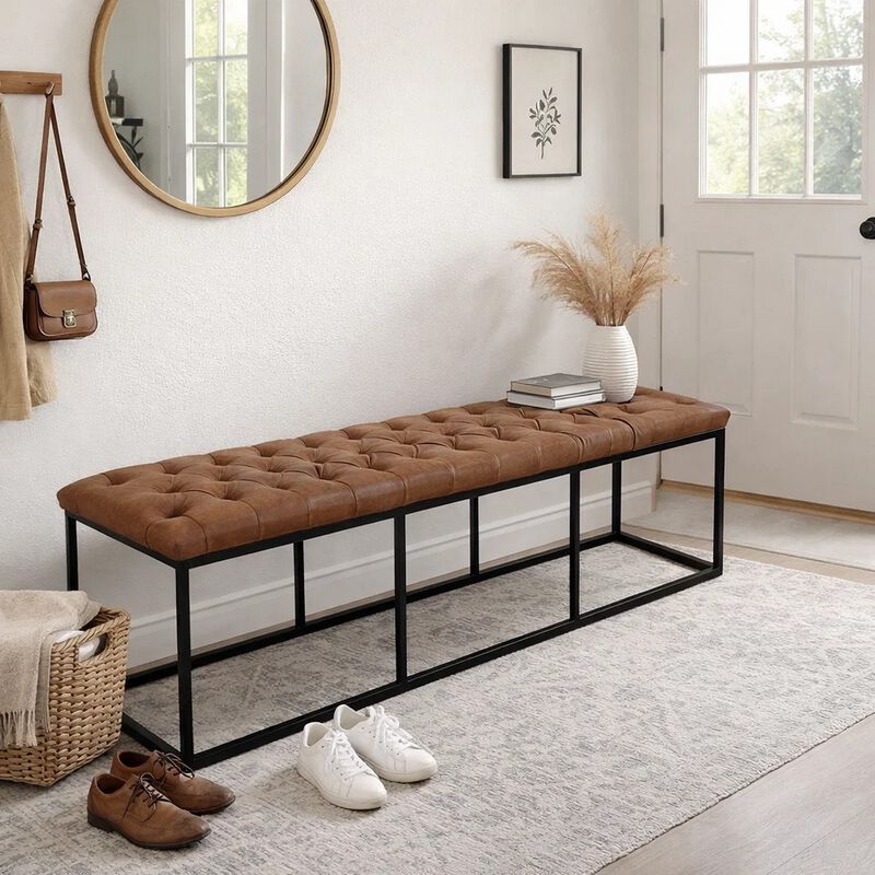 Leatherette Upholstered Bench with Button Tufted Cushioned Seat and Metal Base, Brown image number 5