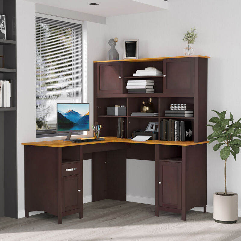 HOMCOM L Shaped Computer Desk with Hutch, 59" Corner Desk, Space Saving Home Office Desk with Storage Shelves, Drawer and Cabinet, Coffee Brown