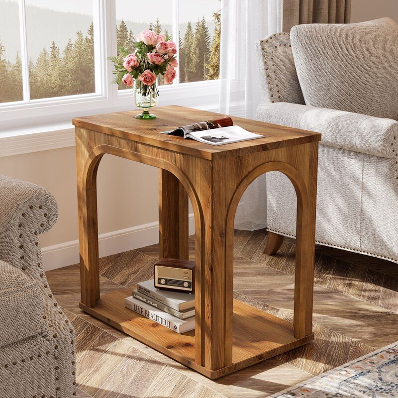 2-Tier Solid Wood Farmhouse End Table with Shelf for Living Room - Rustic Brown image number 6