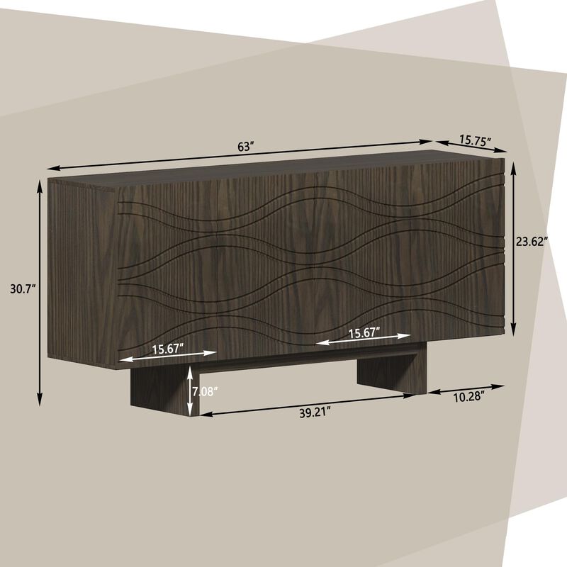 Clihome 63"Sideboard Buffet Cabinet,4 Door Console Cabinet with Adjustable Shelf,Cream Wave