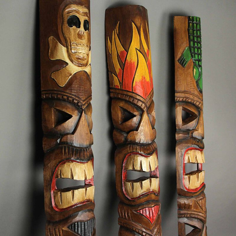 Set of 3 Double Tiki Mask Totem Hand Carved Wall Decor Tribal Sculpture 40 Inch image number 4