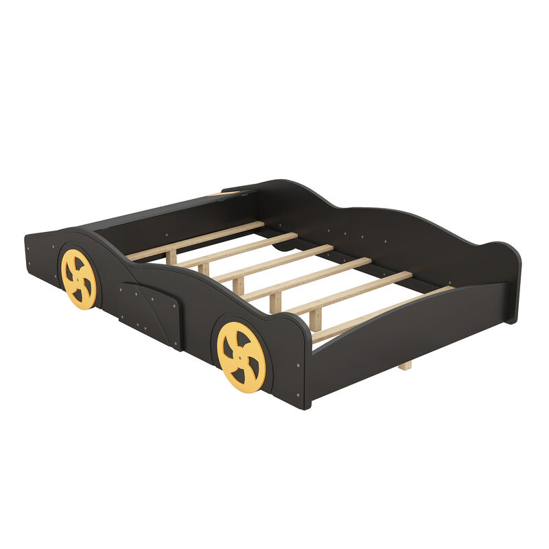 Whisen Full Size Race Car-Shaped Platform Bed with Wheels and Storage - Black & Yellow