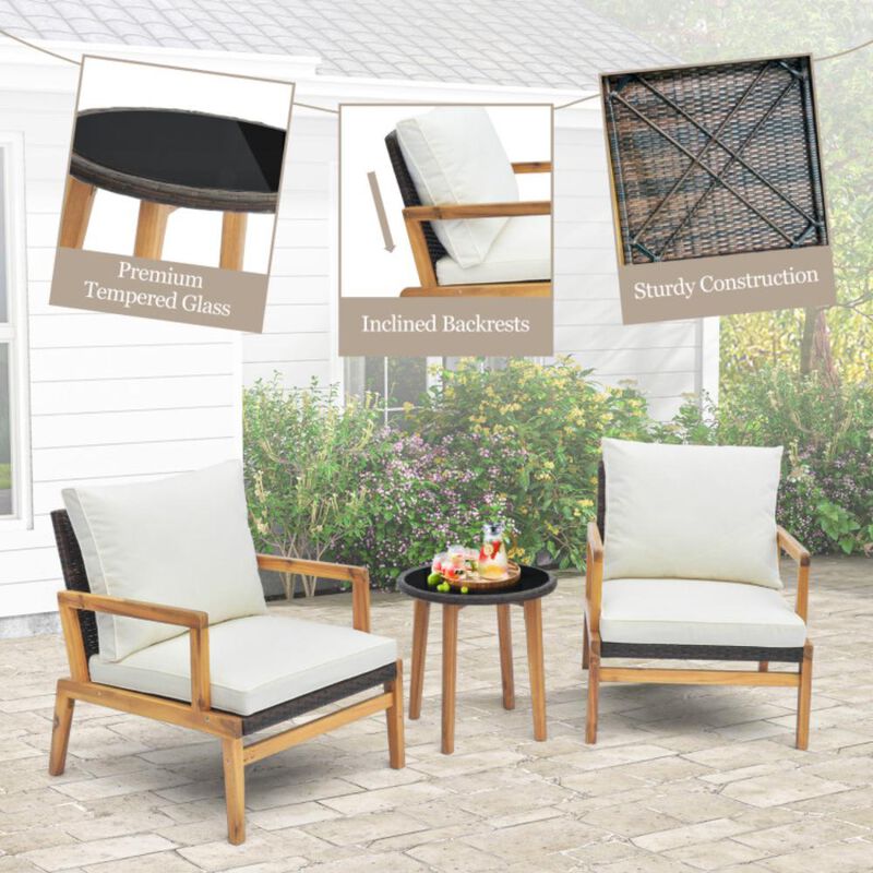 Hivvago 3 Pieces Patio Furniture Set with Cushioned Chairs and Tempered Glass Side Table