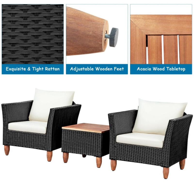 Hivvago 3 Pieces Patio Wicker Furniture Set with Cushions and Acacia Wood Coffee Table Outdoor