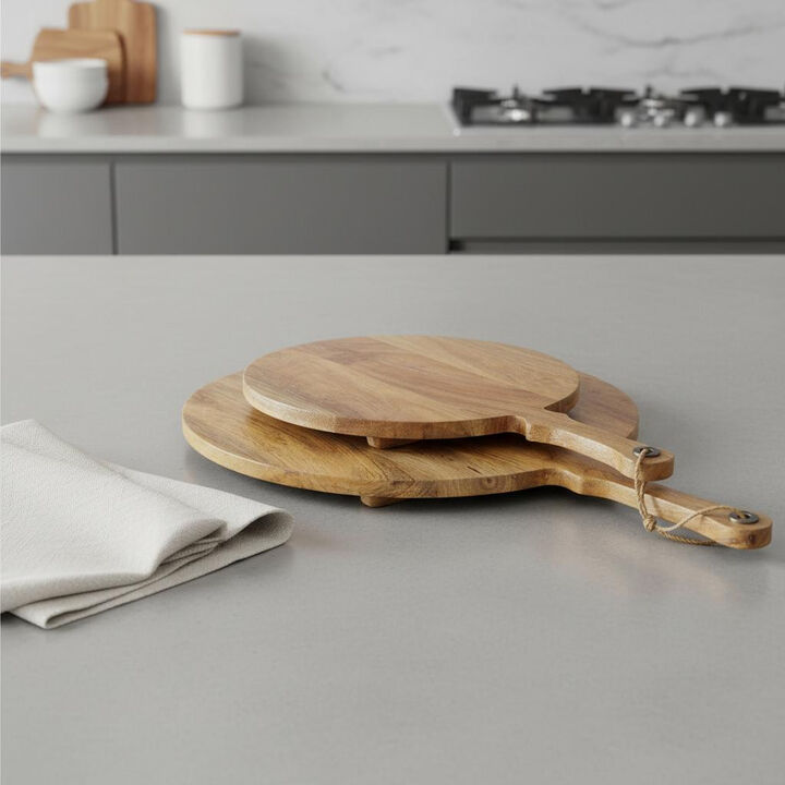 HomeRoots Set of Two Natural Solid Wood Handmade Round Serve Boards With Handles