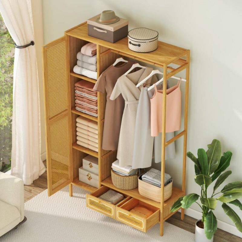 Hivvago Bamboo Clothing Rack with Cabinet and Drawers and Hanging Rod