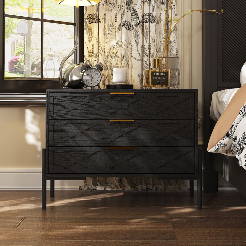FUFU&GAGA Black 3-Drawer Nightstands with Gold Handles and Metal Legs, P2 Particleboard, (31.5" W x 23.6" H x 15.4" D), Black