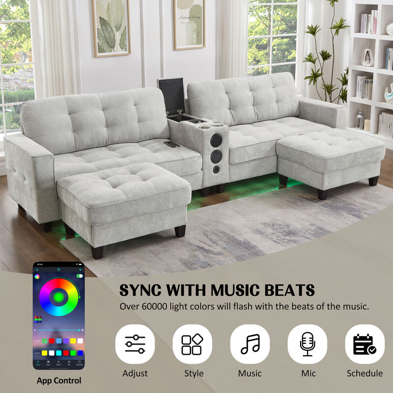 Merax Multifunctional Sectional Sofa with RGB LED Lights & Bluetooth Speakers - Chenille Fabric image number 5