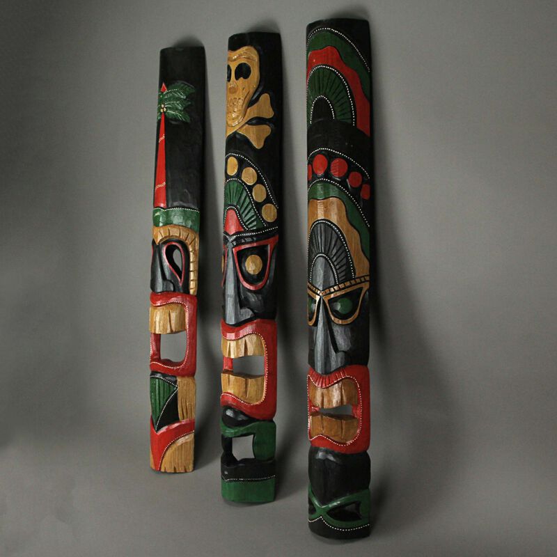 Set of 3 Hand Carved 39 Inch Tall Island Style Polynesian Tiki Masks image number 4