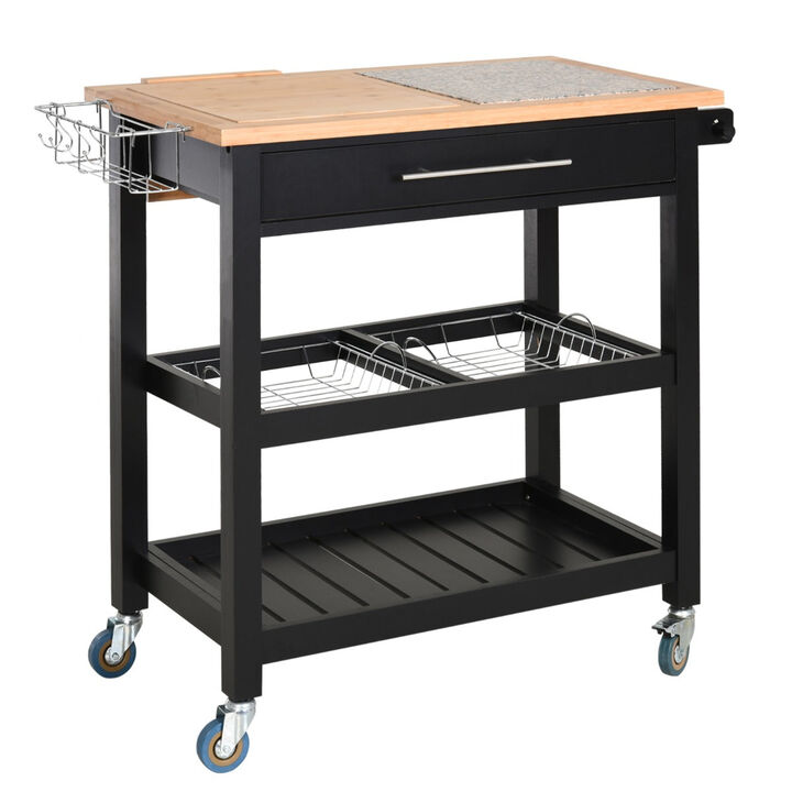Rolling Mobile Kitchen Island Cart with Granite & Bamboo Countertop, Knife Rack, Integrated Spice Rack & Storage Drawer