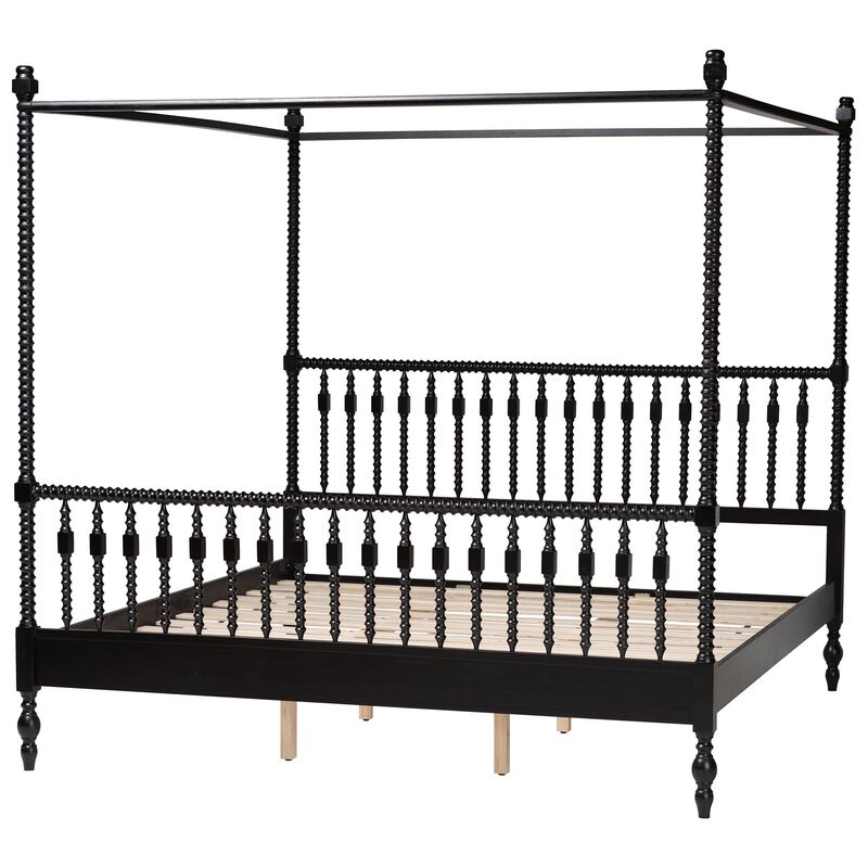 Baxton Studio Callison Spindle Canopy Bed - Turned Farmhouse Bed Frame with Spoked Headboard and Sculpted Legs, Black, King image number 2