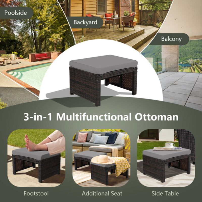 Hivvago 2 Pieces Patio Rattan Ottomans with Soft Cushion for Patio and Garden