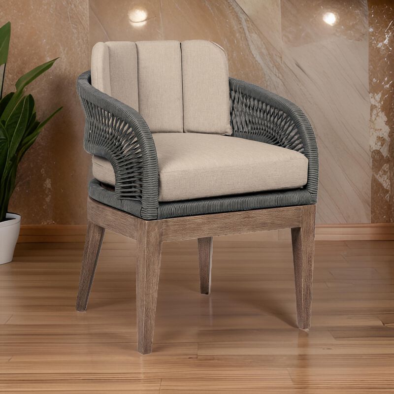 Kimi 23 Inch Outdoor Patio Dining Chair, Olefin Cushions, Gray Woven Rope - Benzara