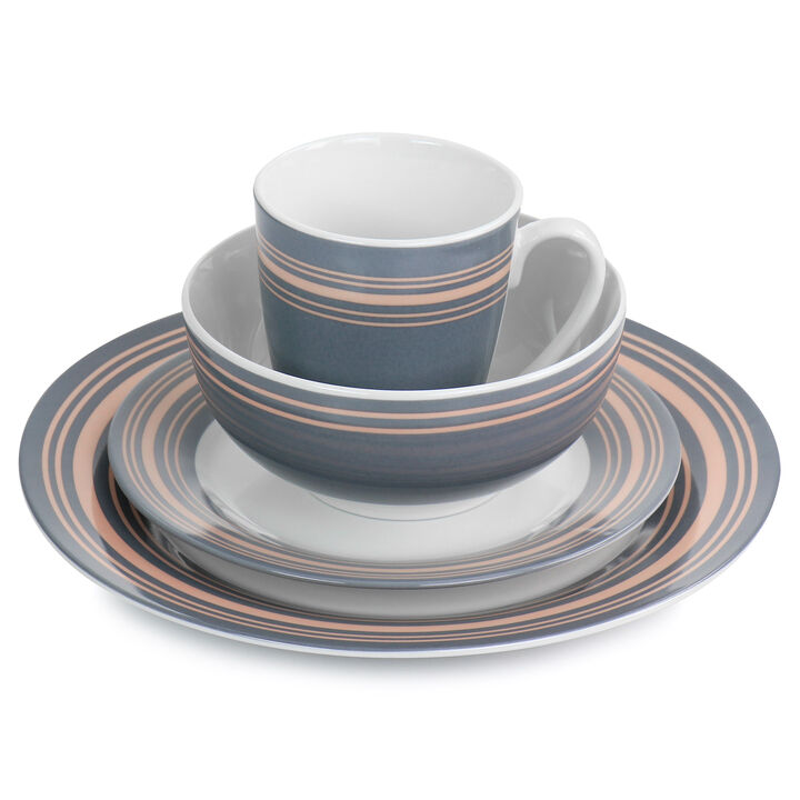 Gibson Home Silver Wind 16 Piece Fine Ceramic Dinnerware Set in Grey and Pink
