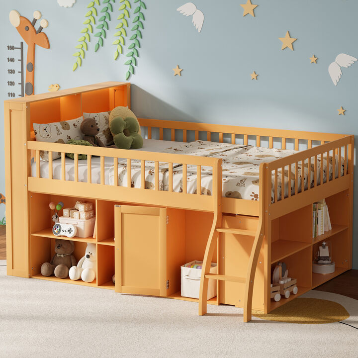 Merax Loft Bed with Storage Shelves and LED Headboard Light