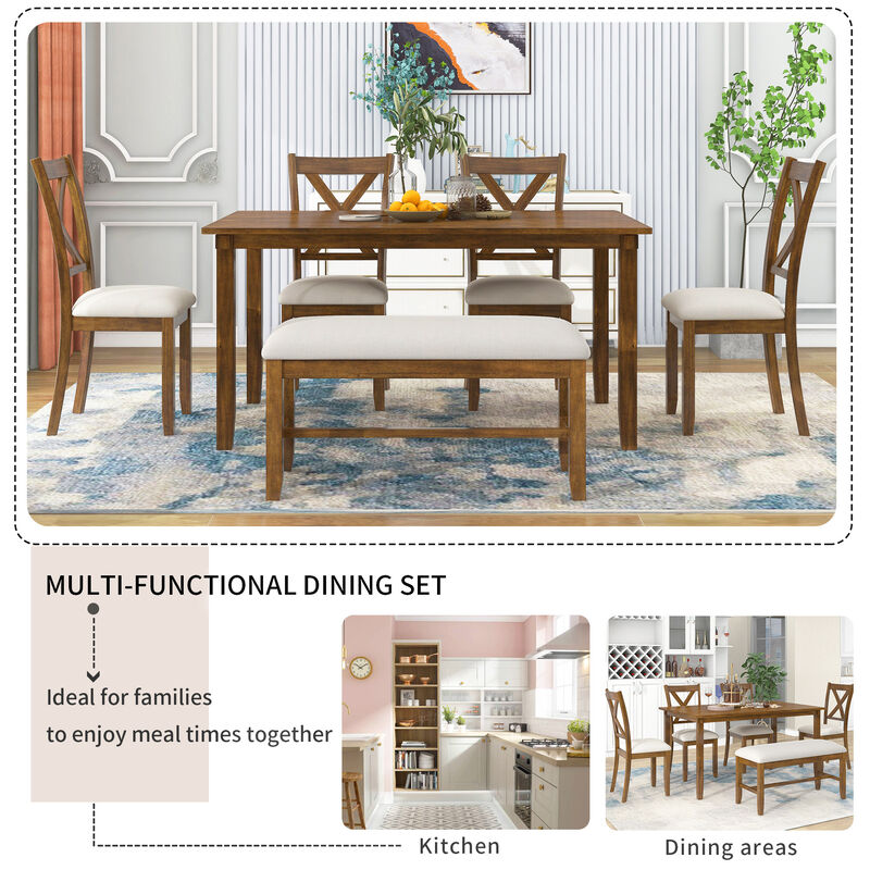 Merax 6-Piece Kitchen Dining Table Set Wooden Rectangular Dining Table, 4 Fabric Chairs and Bench Family Furniture