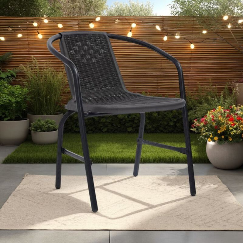 Outdoor Patio Chair Set of 4, Stackable, Plastic Rattan, Metal, Black - Benzara