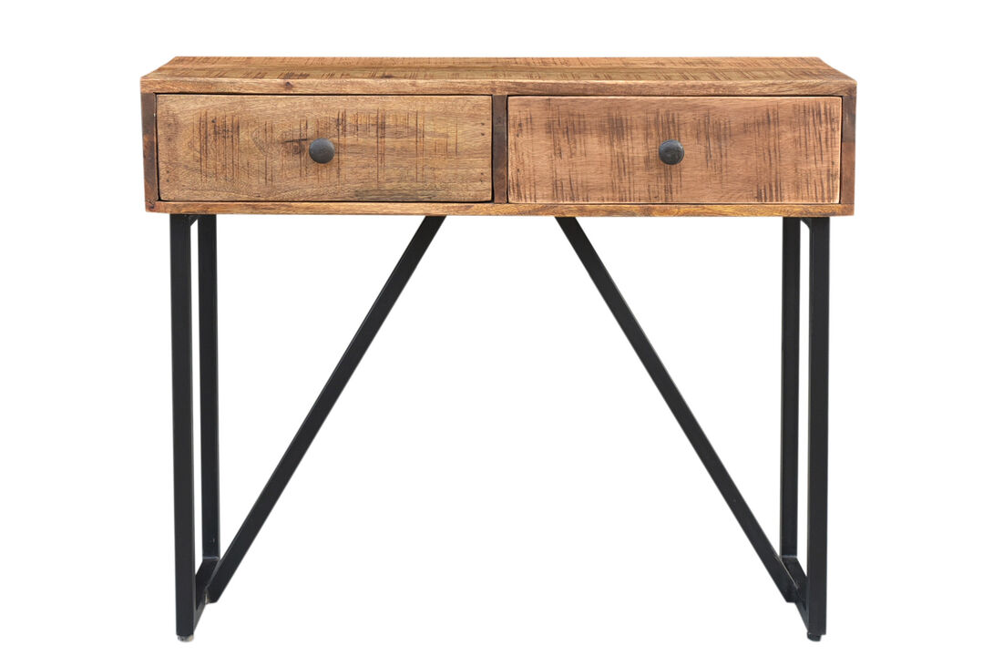 HomeRoots 36" Natural and Black Solid Wood and Iron Distressed Frame Console Table With Two Drawers