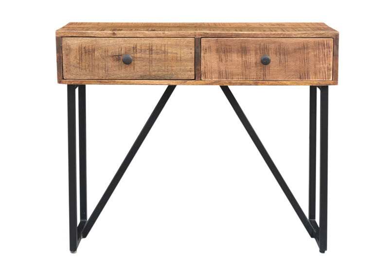 HomeRoots 36" Natural and Black Solid Wood and Iron Distressed Frame Console Table With Two Drawers image number 0