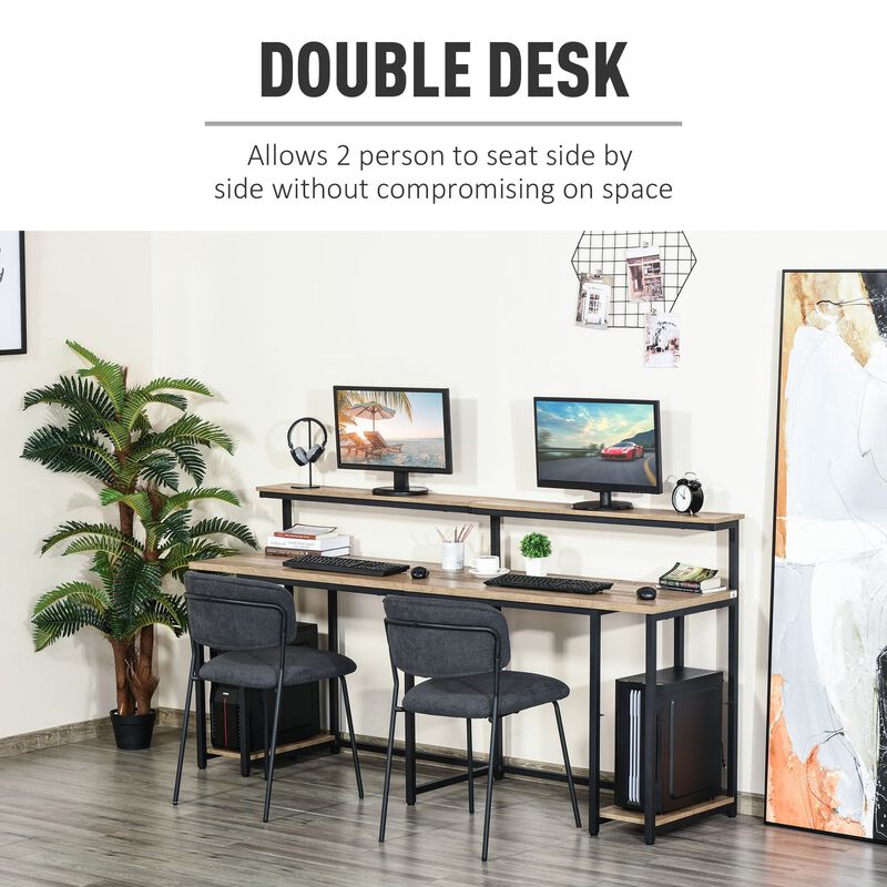 Black/Light Brown Workspace: 2-Person Desk with Monitor Rack and Shelves