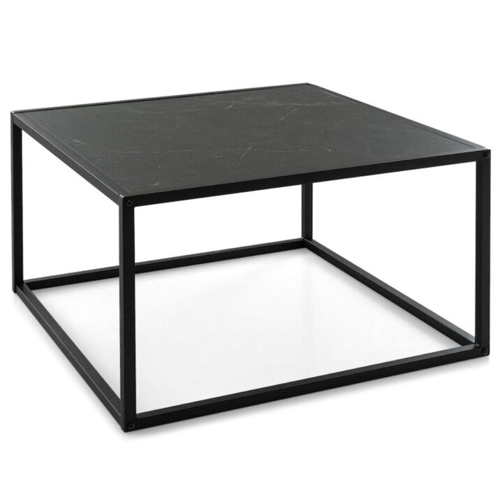 Modern Glass Square Coffee Table with Metal Frame for Living Room