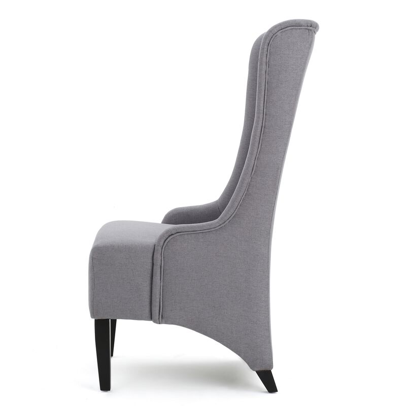 Becca Dining Chair, High Wingback Brown Birch Wood, Light Gray Fabric - Benzara