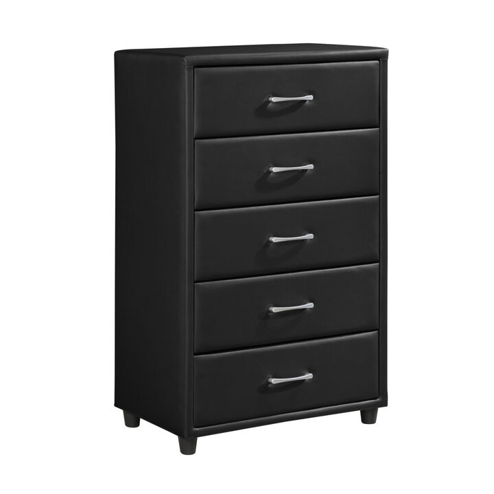 Contemporary Durable Black Faux Leather Covering 1pc Chest of Drawers Silver Tone Bar Pulls Stylish Furniture