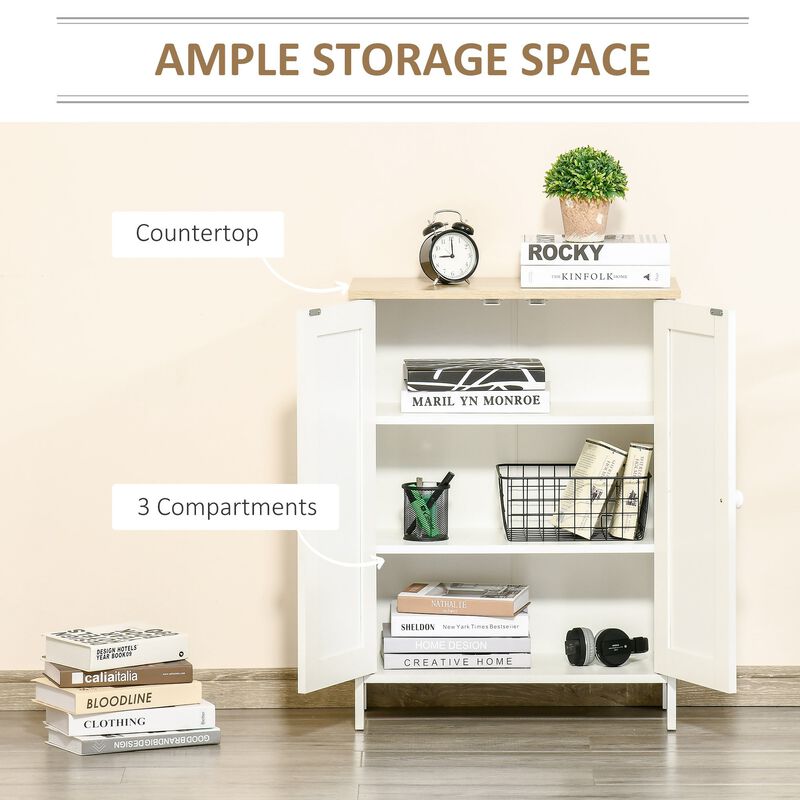 Storage Cabinet with Doors, 2 Adjustable Shelves, Freestanding 3-Tier Storage Cabinet for Living Room, Bedroom & Hallway, White
