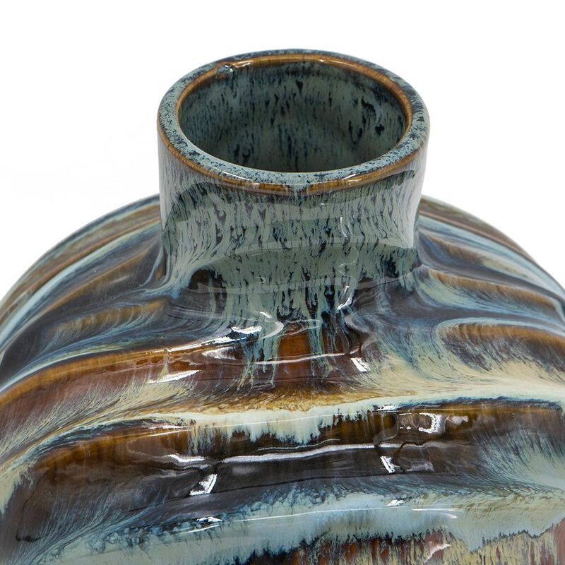 HomeRoots 11" Blue Beige And Brown Abstract Wavy Ceramic Table Vase image number 5