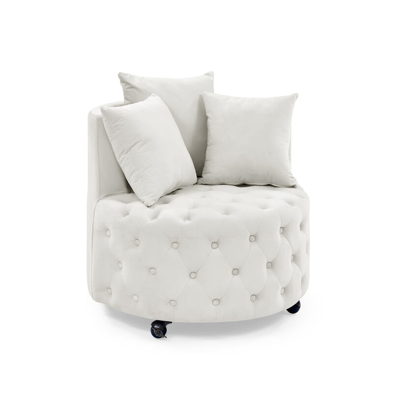 Velvet Upholstered Swivel Chair for Living Room, with Button Tufted Design and Movable Wheels, Including 3 Pillows, Beige