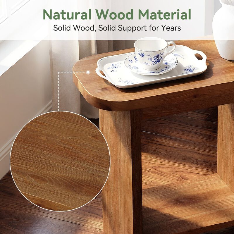 2-Tier H-Shaped Side Table, Solid Wood End Table with Storage Shelf image number 3