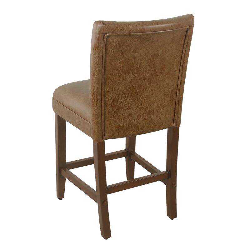 24 Inch Counter Stool Chair, Brown Wood Frame, Faux Leather Seat