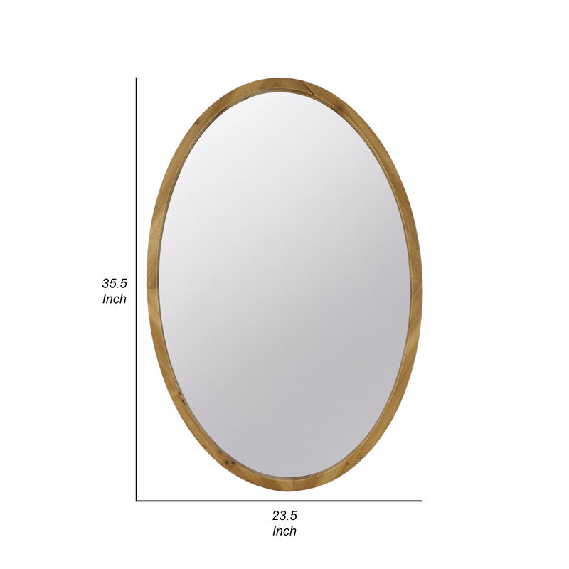 33 Inch Modern Accent Wall Mirror, Mountable Oval Wood Frame in Brown - Benzara