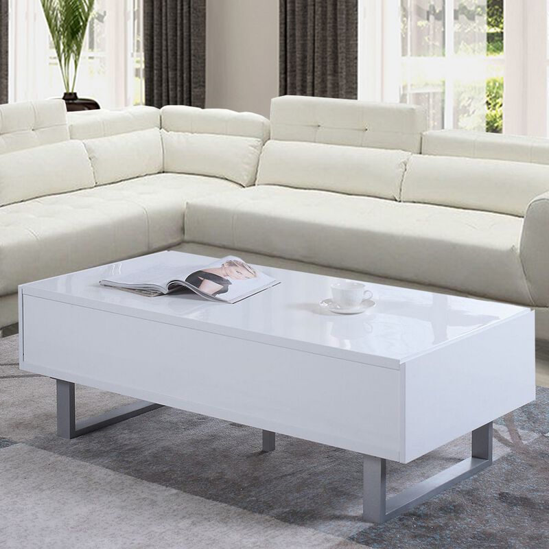 Contemporary Storage Coffee Table With Metallic Base, Glossy White-Benzara