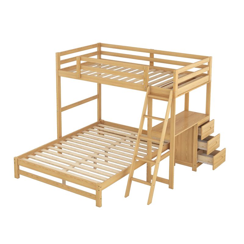 Whisen Morden Design Twin over Full Bunk Bed with Built-in Desk and Three Drawers