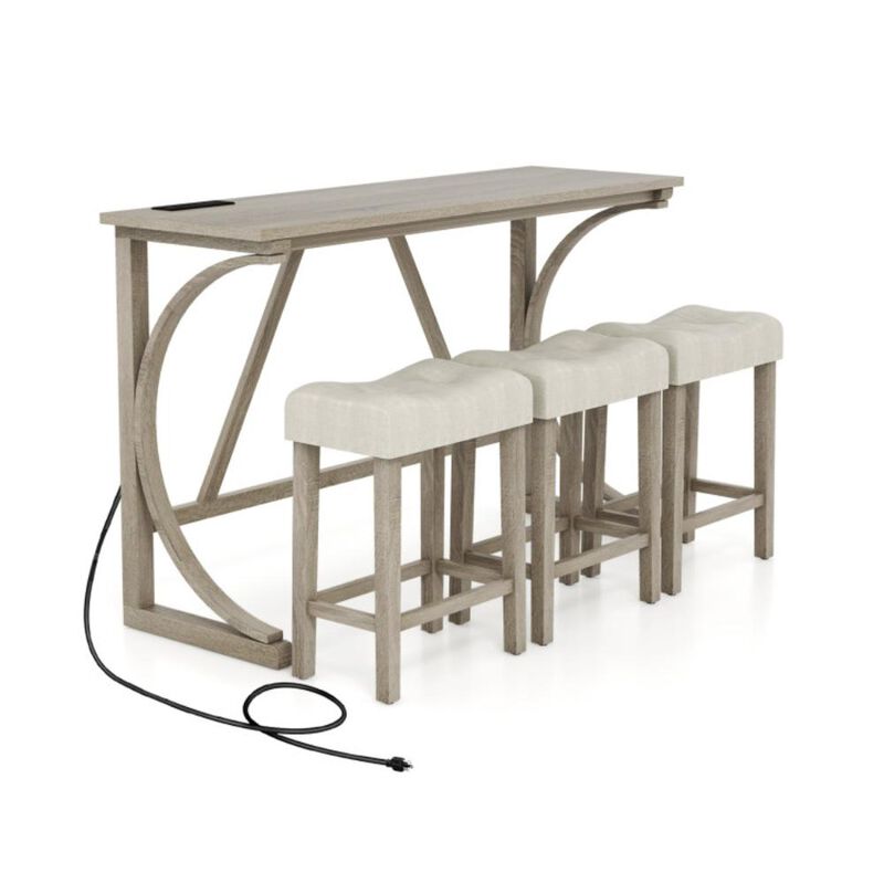 Hivvago 4-Piece Bar Table Set with Power Outlet and Upholstered Saddle Seat Stools