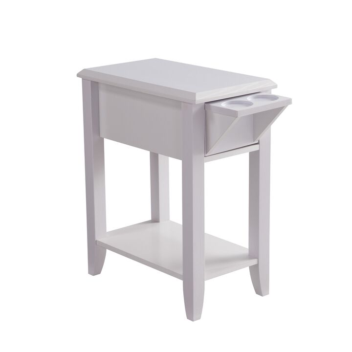 24 Inch Modern Chairside Table with Extendable Drawer and Cupholders, White