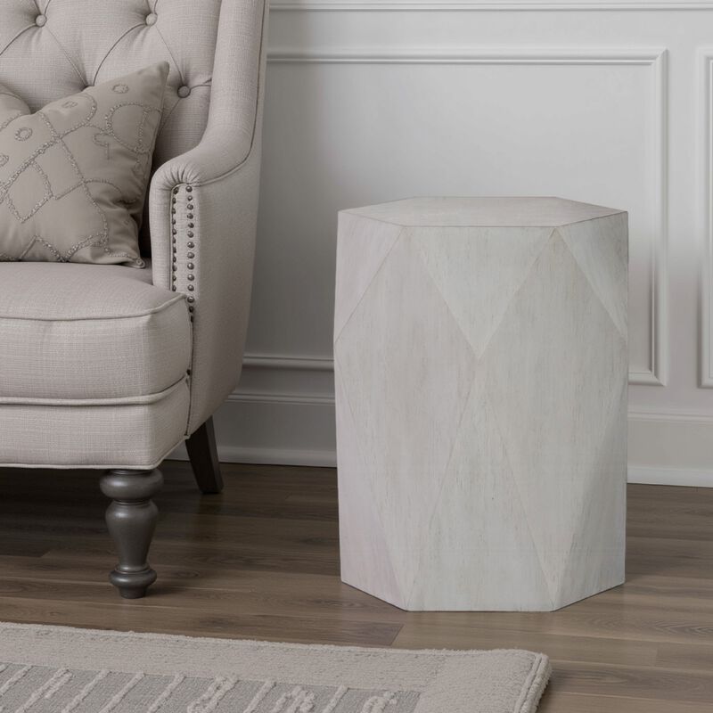 Hano Side End Table, White Rubberwood, 22 Inch, Geometric Design Body