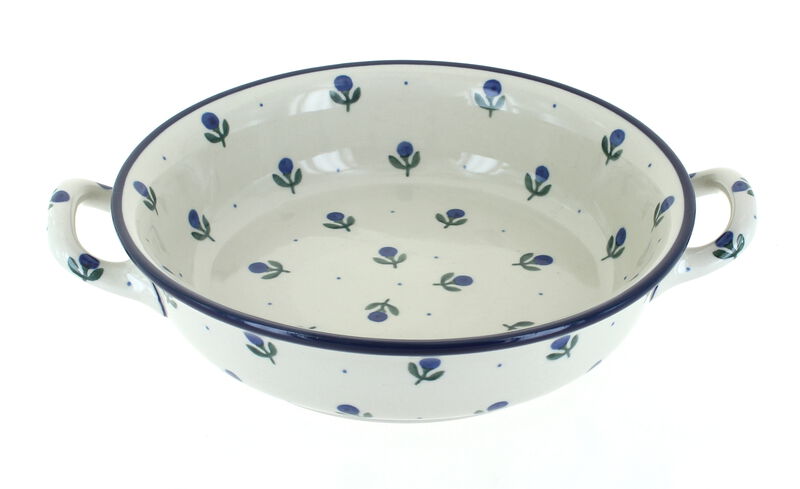 Blue Rose Polish Pottery Peacock Swirl Small Round Casserole with Handles